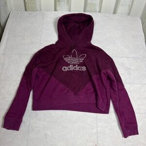 Adidas Womens Hooded Sweatshirt Red Fleece Cropped Long Sleeve Trefoil Logo M